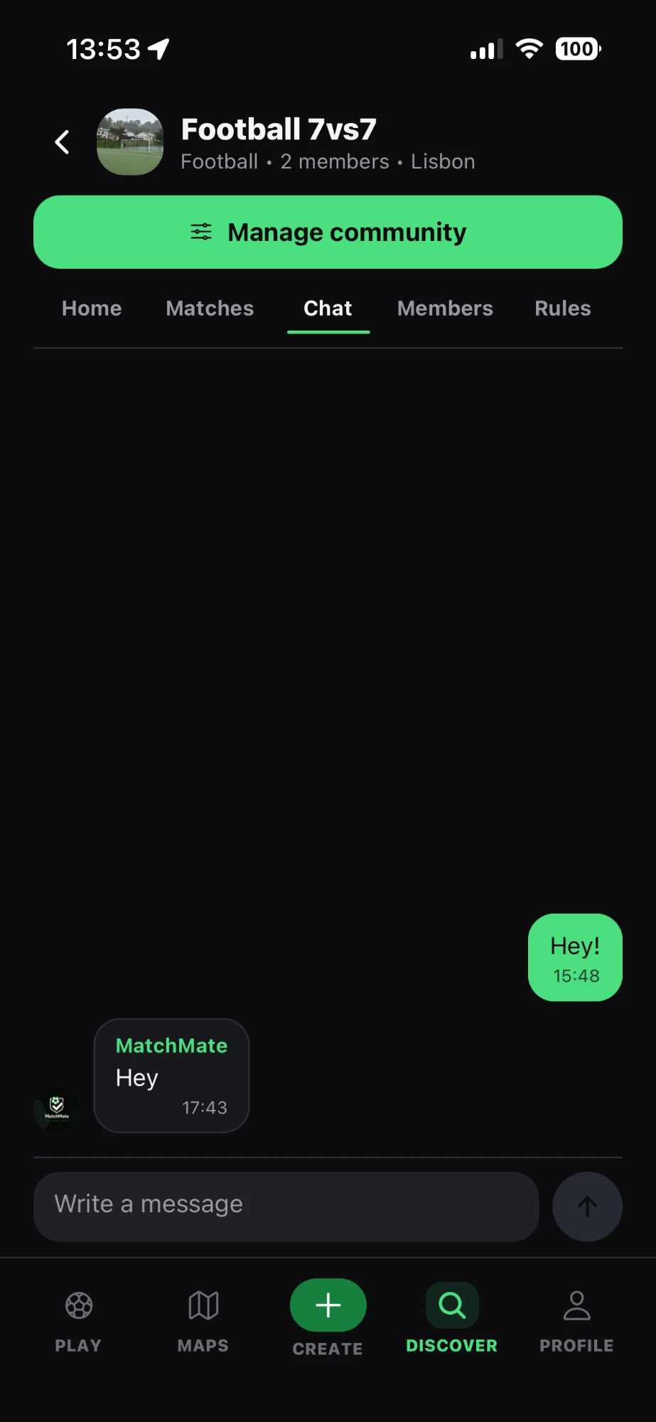 Community screen with chat, matches, members and rules tabs