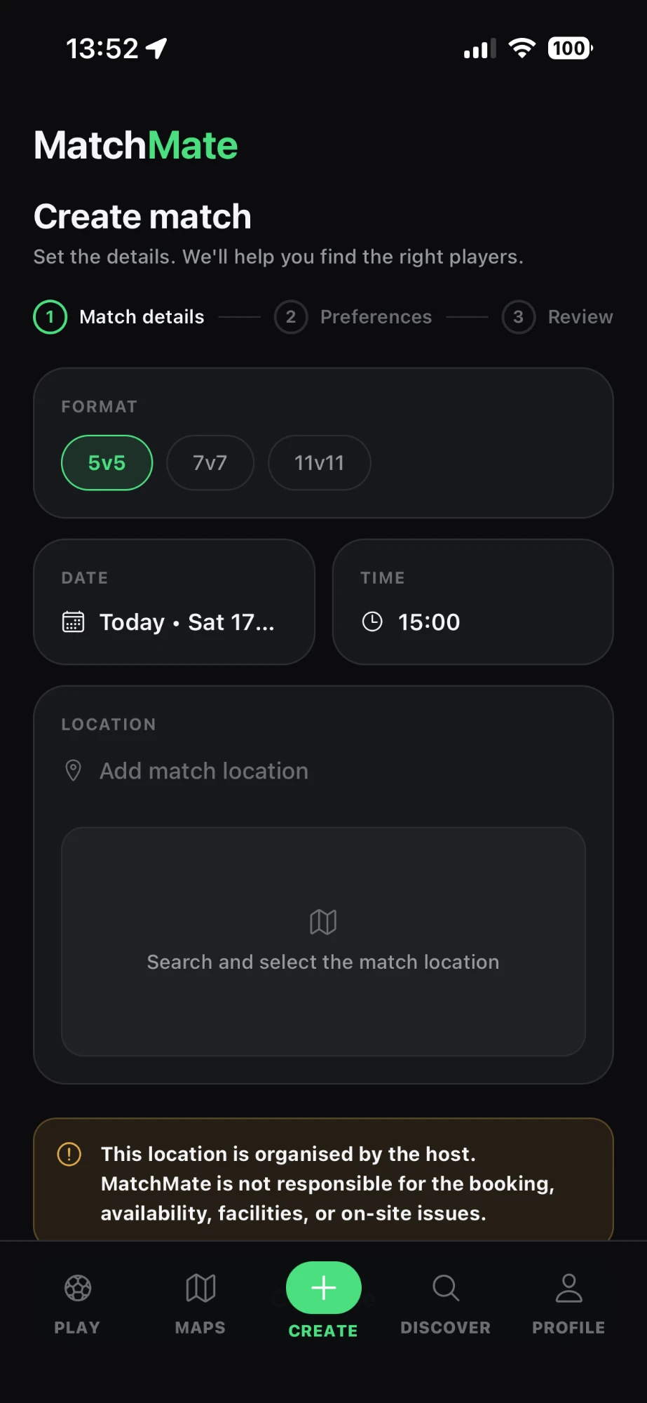Create match step one: format, date, time and location
