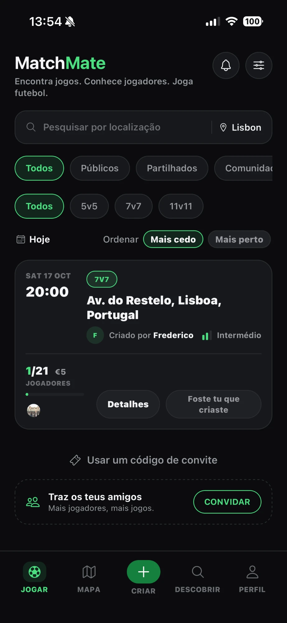 Ecrã Jogar da MatchMate com um jogo de 7 contra 7 em Lisboa
