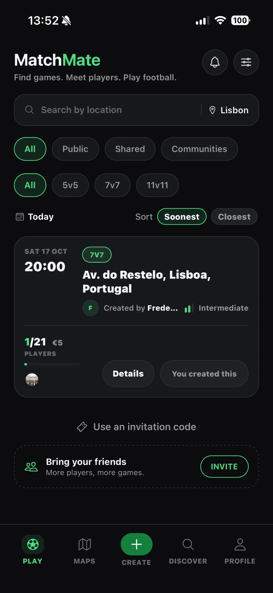 MatchMate Play screen showing a 7v7 match in Lisbon