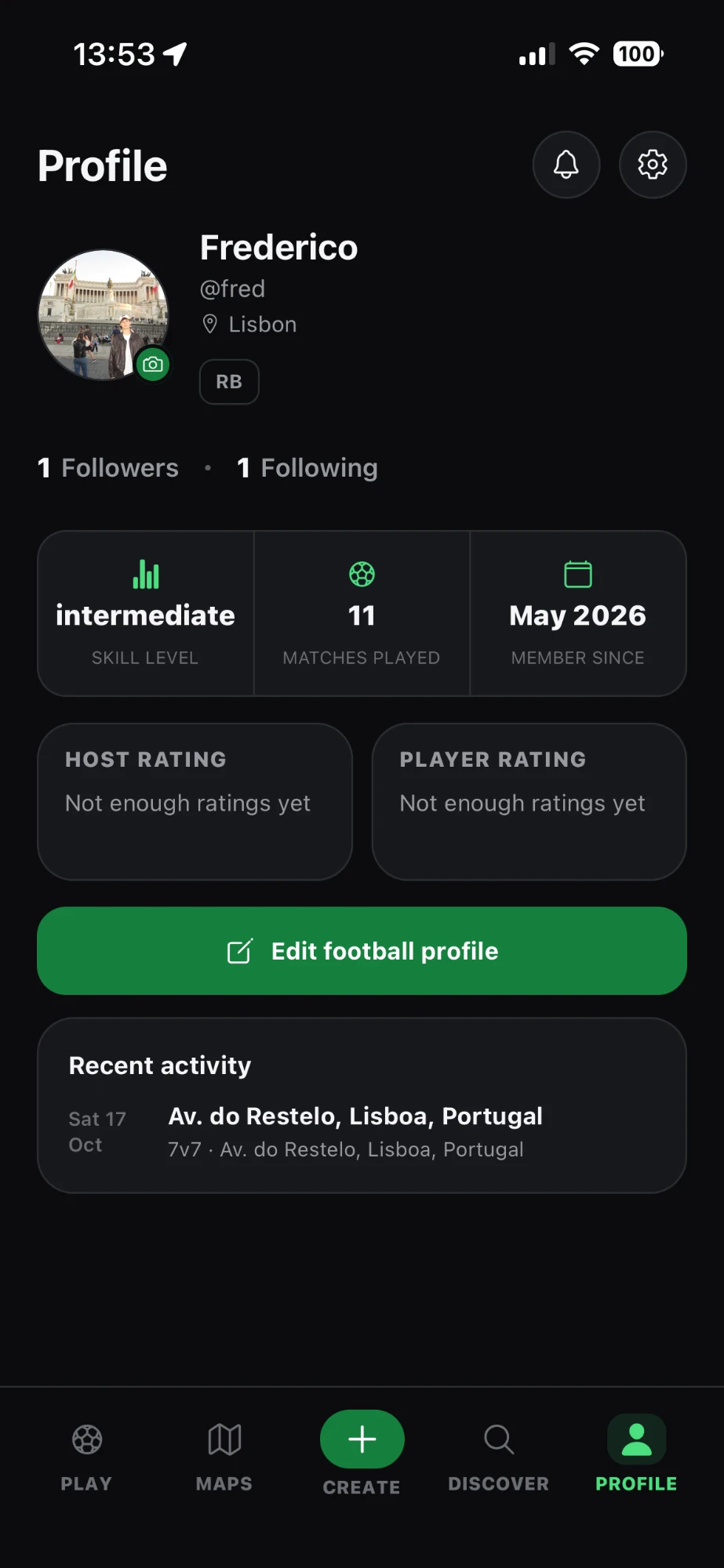 Player profile with skill level, matches played and ratings