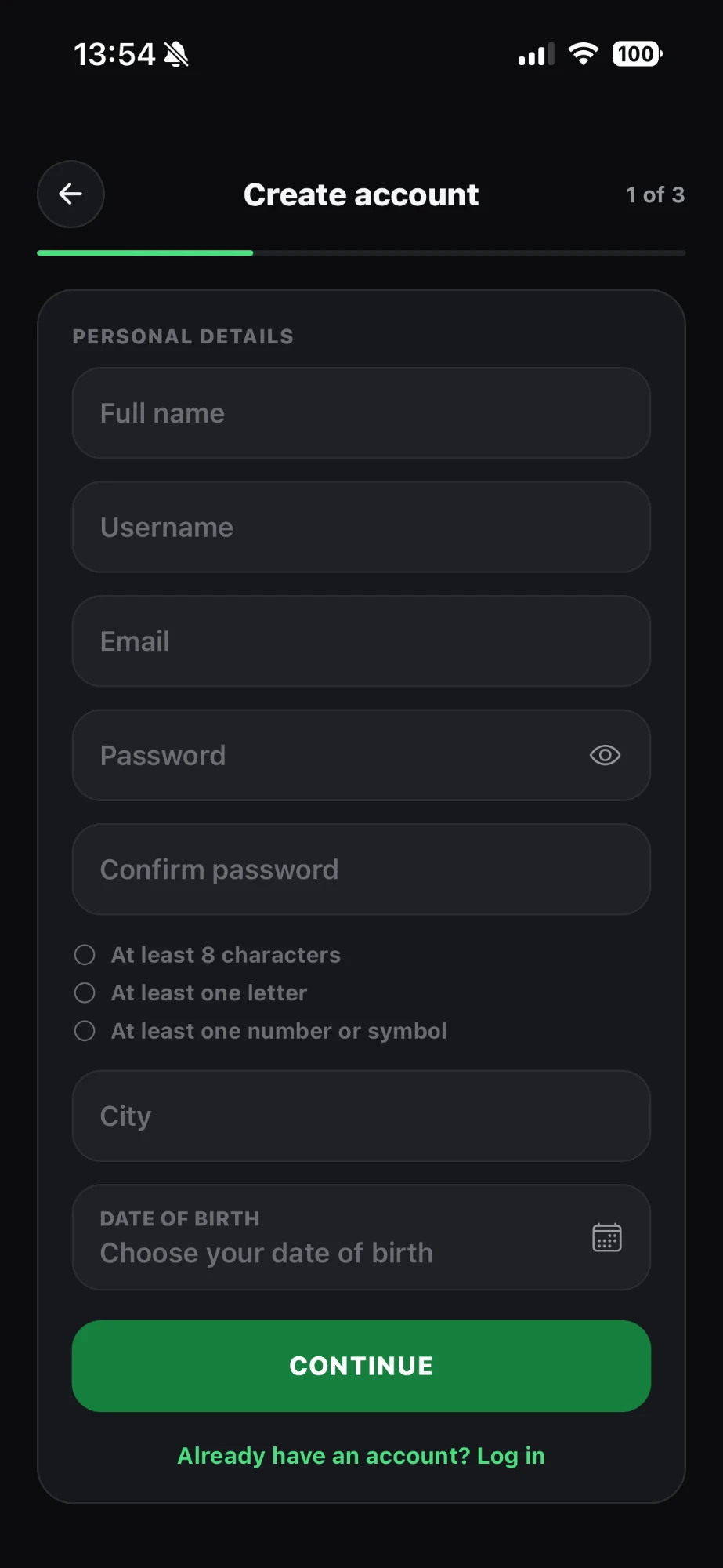 Create account screen before the change, asking for city and date of birth