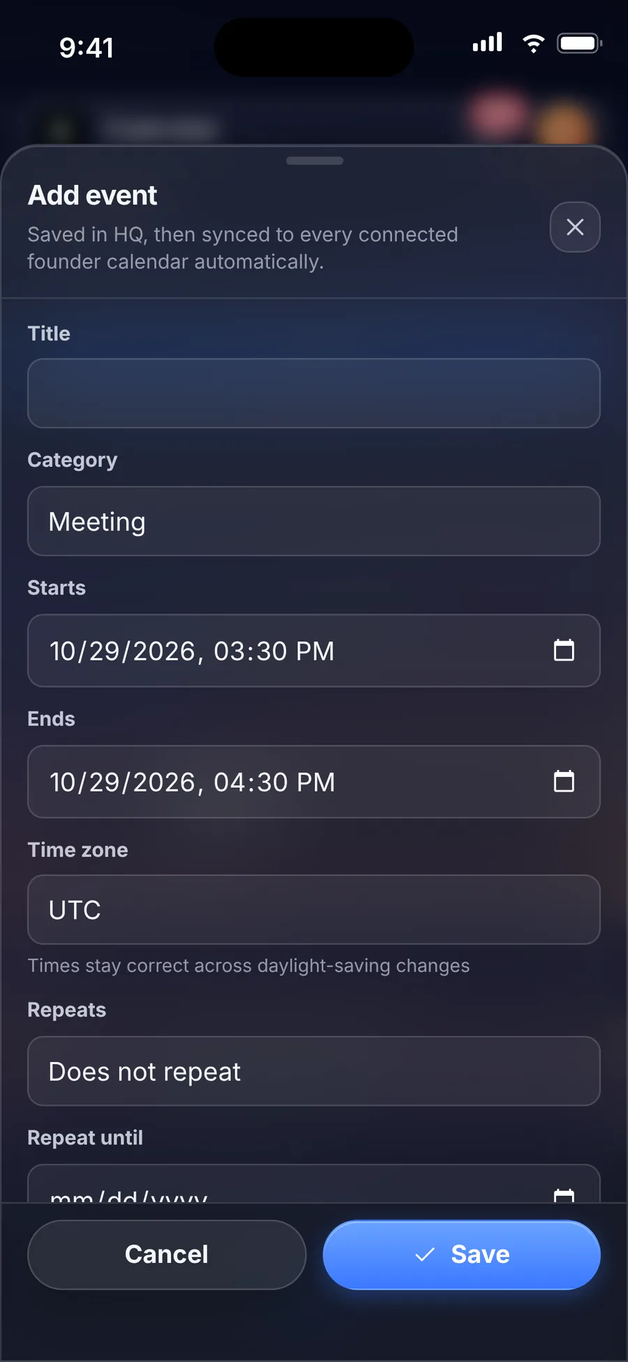 iPhone: the add event sheet