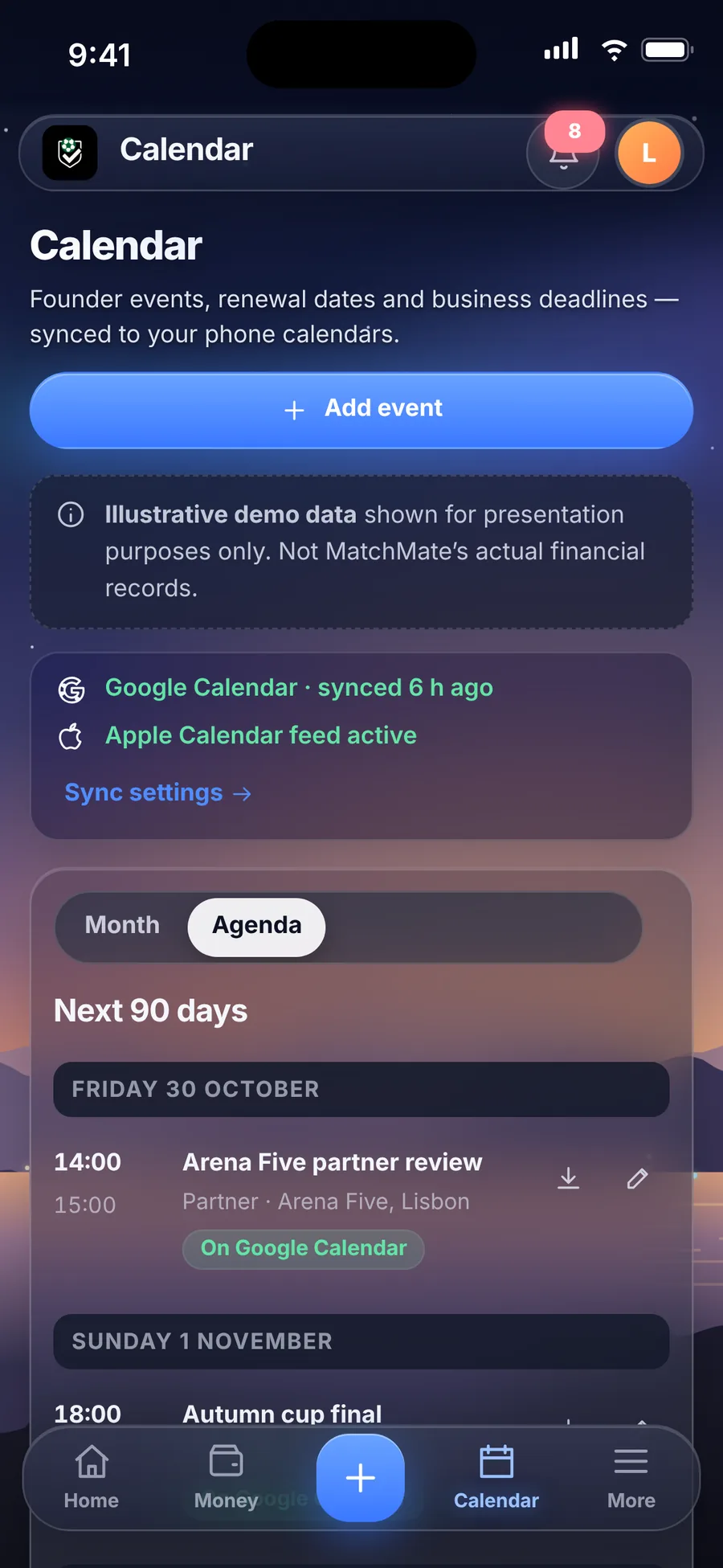 iPhone: calendar agenda with Google and Apple sync status