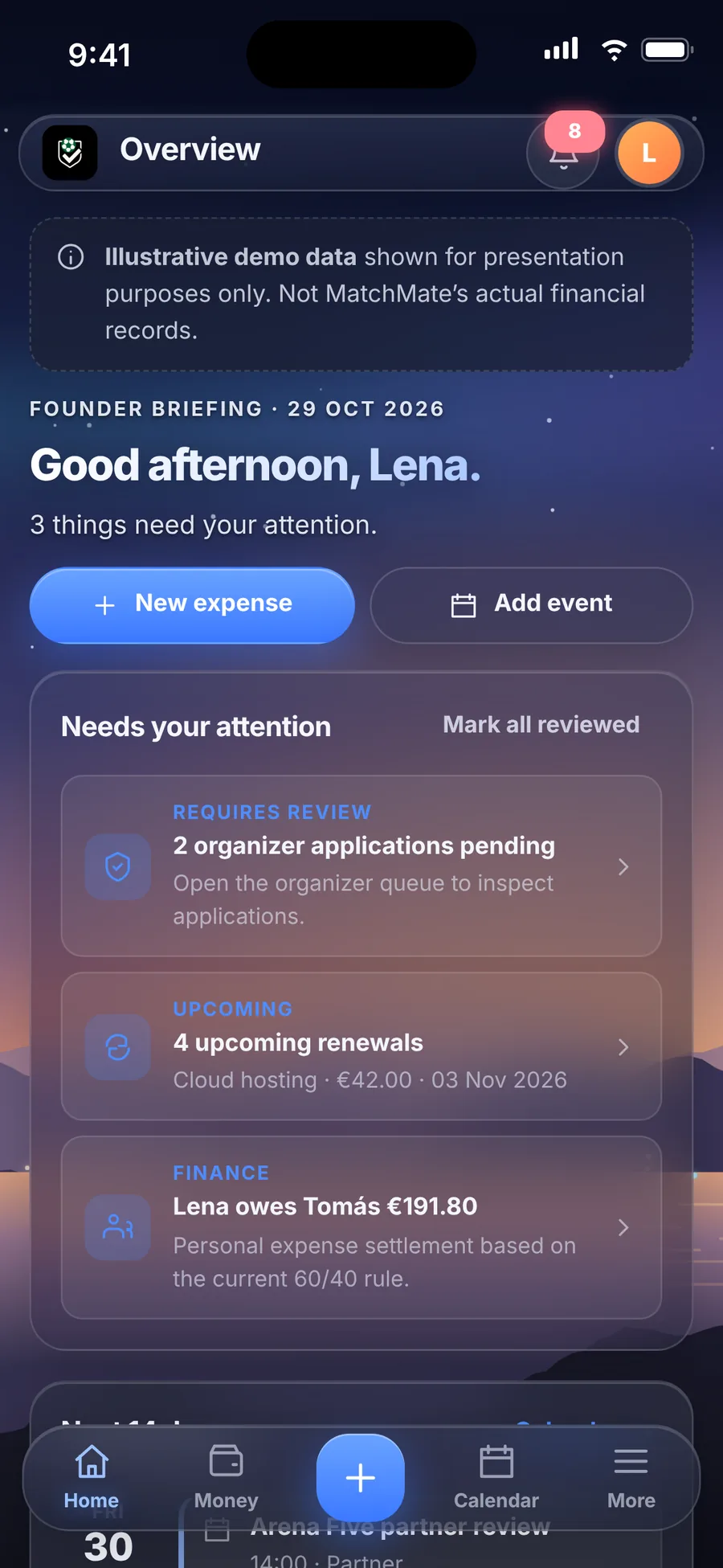 Founder HQ overview on an iPhone, installed on the Home Screen