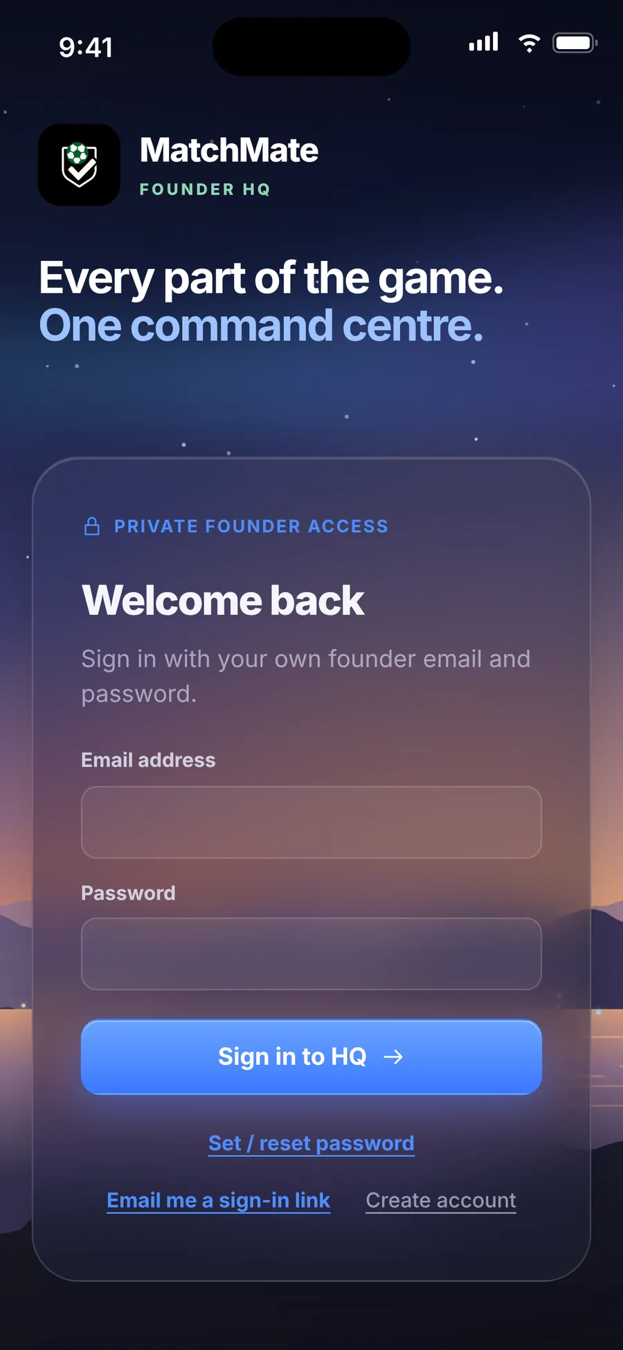 iPhone: Founder HQ sign-in screen