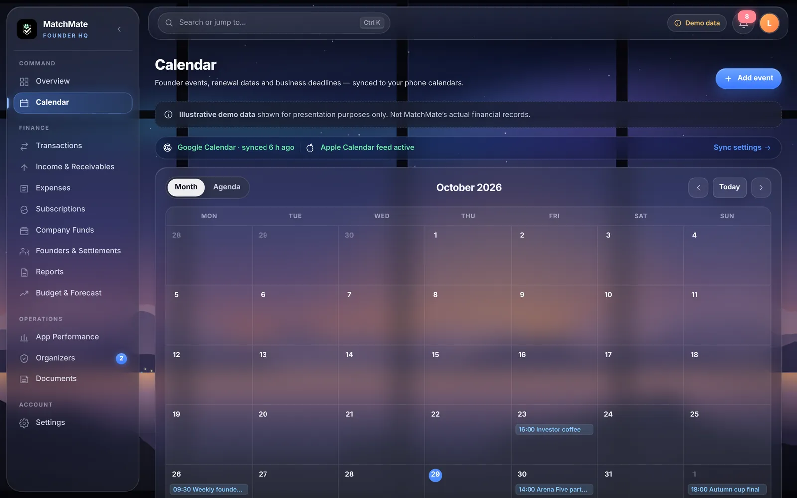 Calendar month view with events and sync status
