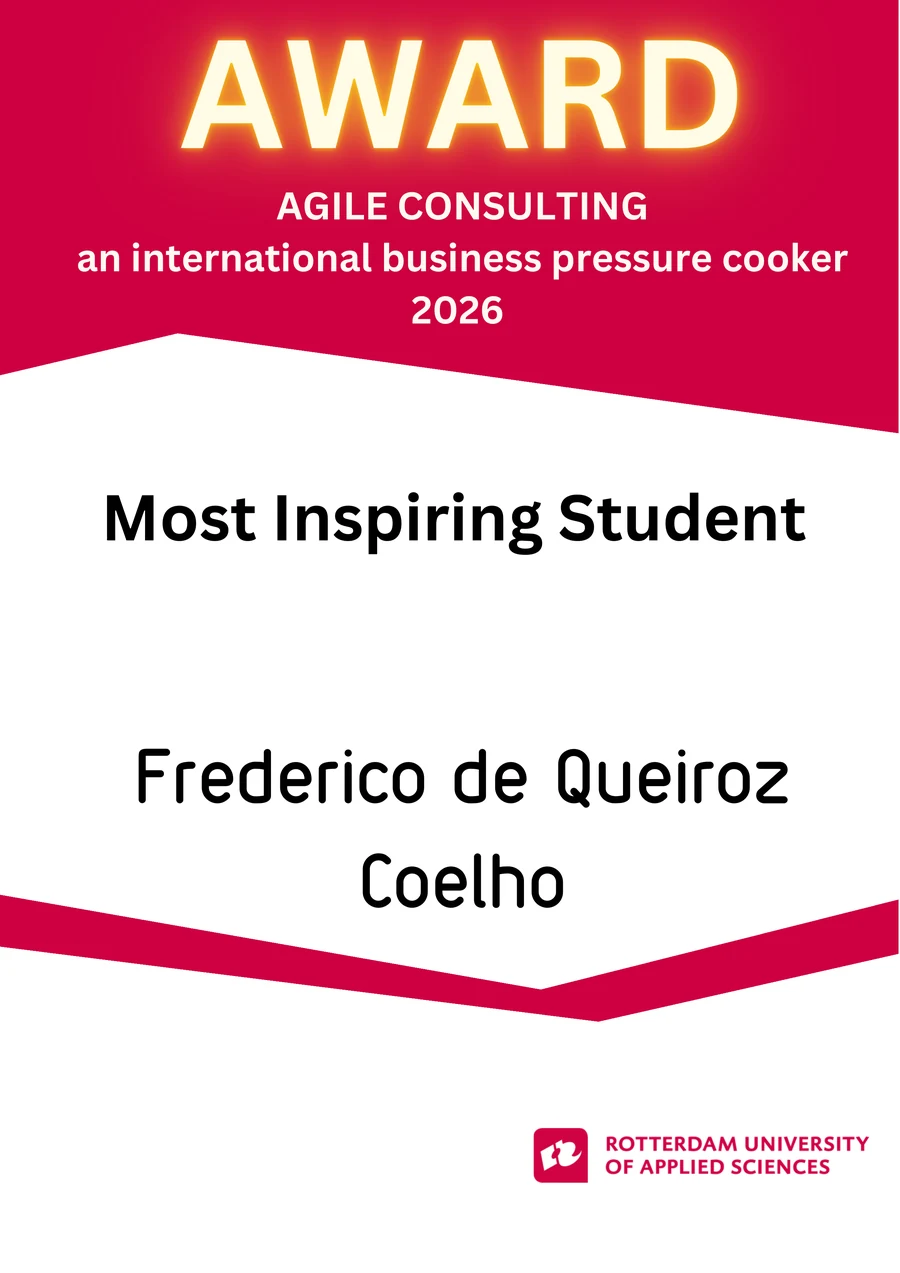 Most Inspiring Student certificate, Agile Consulting 2026, awarded to Frederico de Queiroz Coelho by Rotterdam University of Applied Sciences
