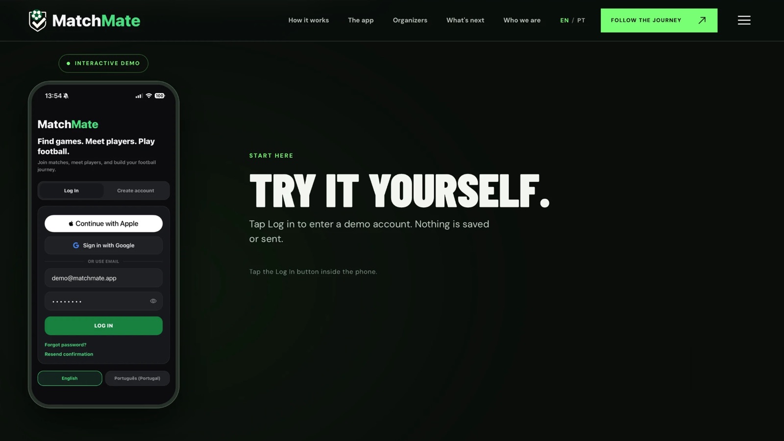 Interactive demo section: Try it yourself, with a phone showing the app's login